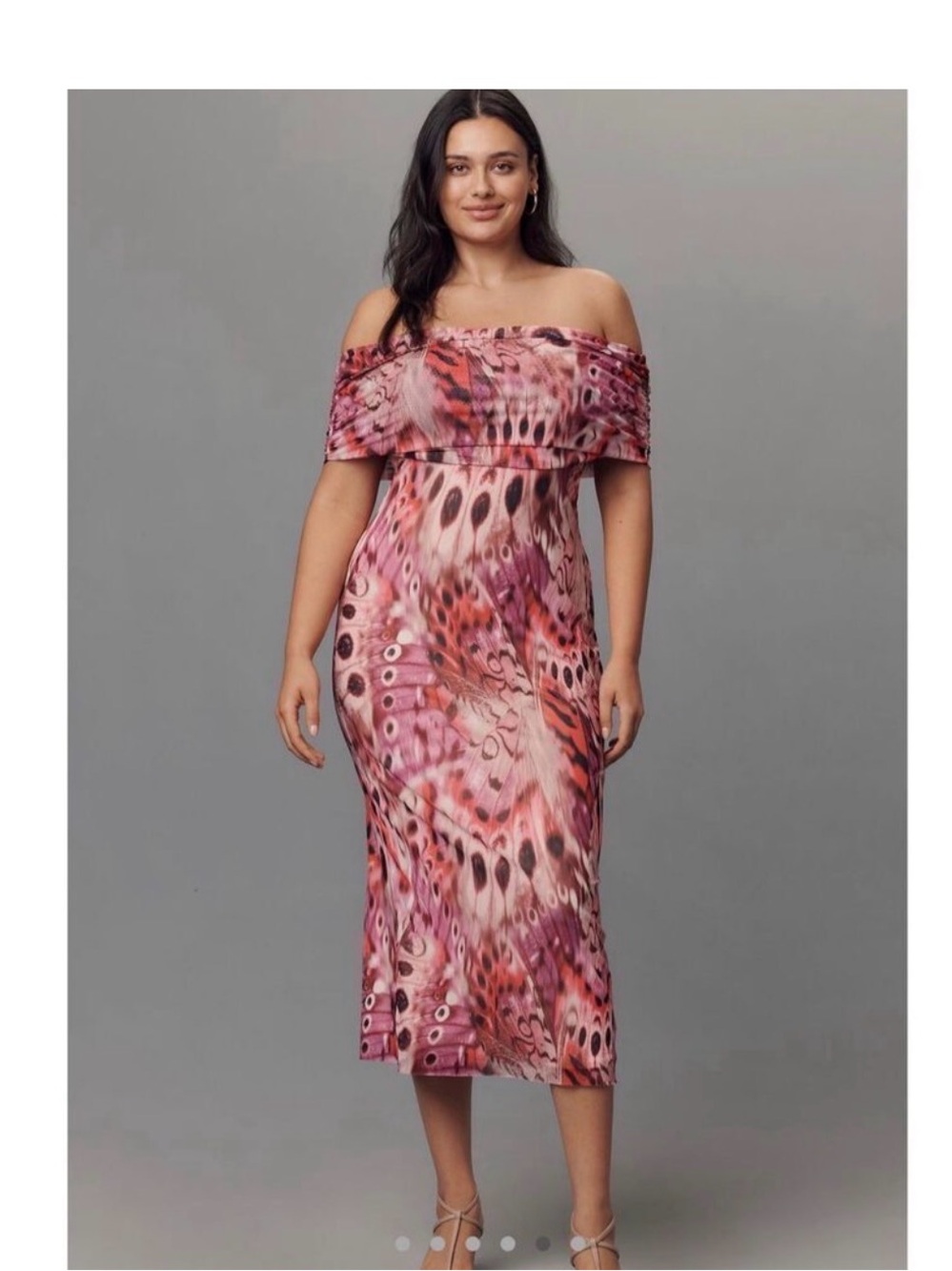AFRM off the Shoulder Pink Print Midi Dress